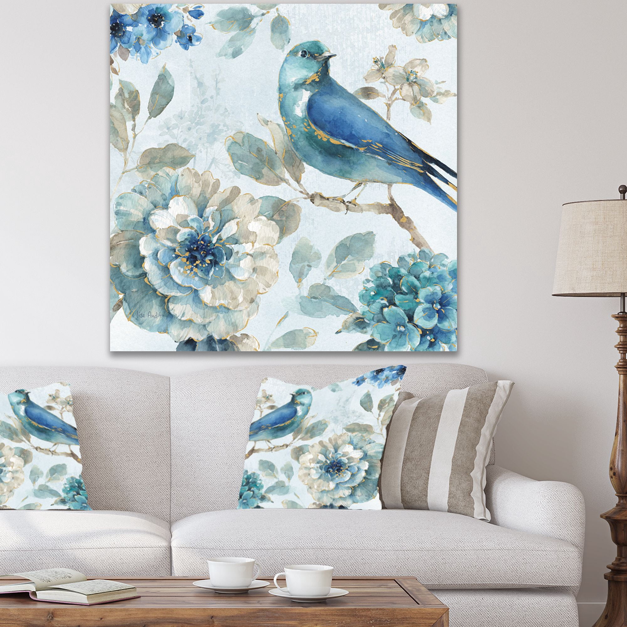 Designart 'Indigold Watercolor Lovely bird II' Farmhouse Canvas Art