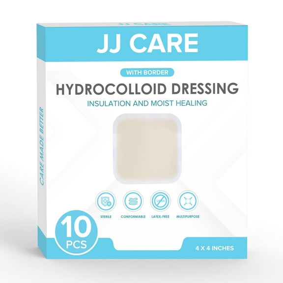 JJ CARE Hydrocolloid Dressing 4x4 [Pack 10], 0.8MM Thick Large Hydrocolloid Bandages with Border, Self-Adhesive Thin Hydrocolloid Wound Dressing, Wound Care Bandages for Bedsores and Blisters