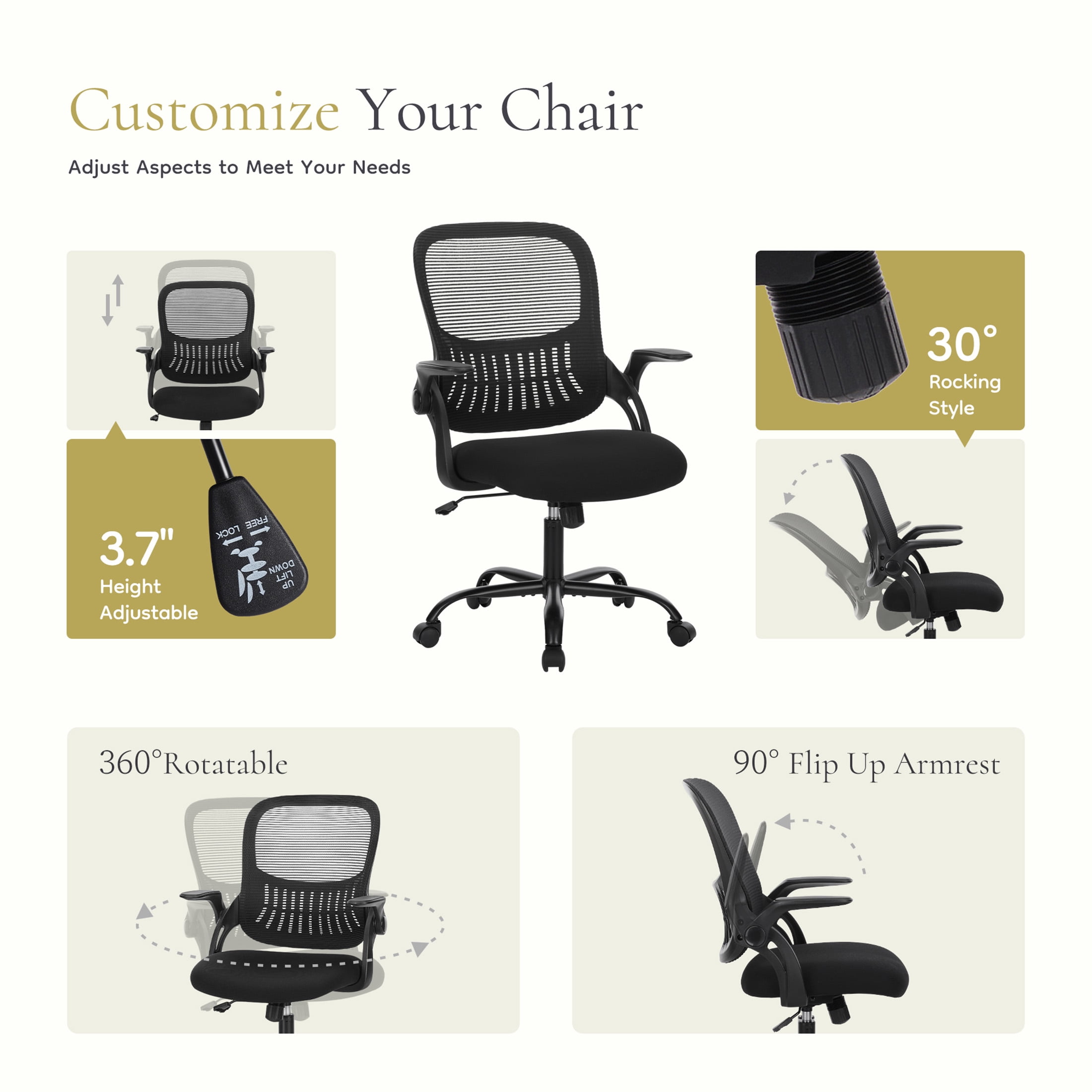 CONCETTA Ergonomic Mesh Office Desk Chair, Adjustable and Flip-up Armrest for Adults, Black