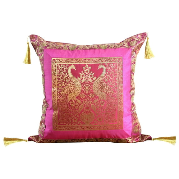 Stylo Culture Indian Brocade Decorative Throw Pillow Sham Cover Magenta Pink Gold 18x18 Jacquard Weave Tassels Sofa Cushion Cover 45 x 45 cm Polydupion Silk Zippered Peacock Pillow Case | 1 Pc