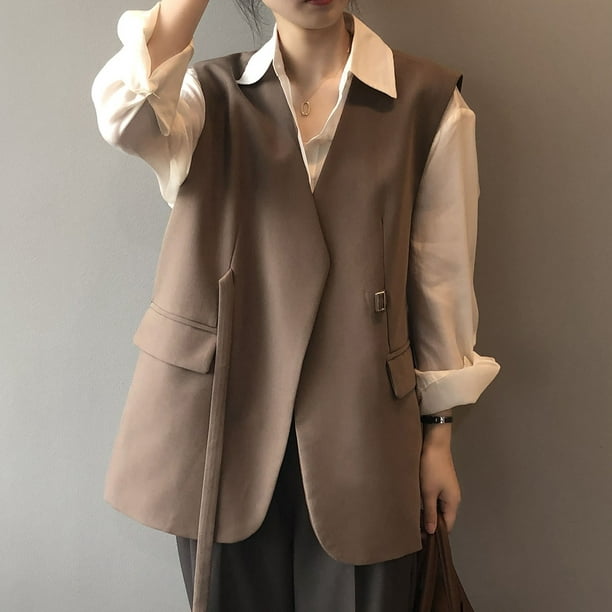 Women Suit Vest Coat Button Winter Sleeveless V-neck Solid