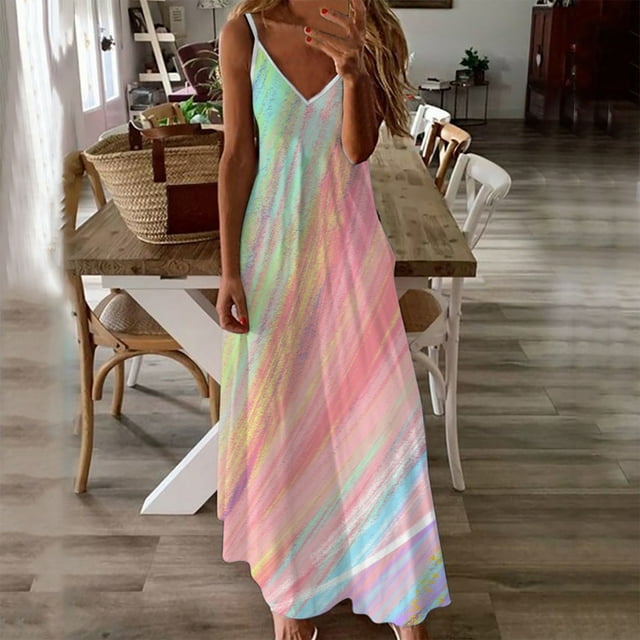 HKEJIAOI Robes de Sortie pour Femmes Cadeau d'Anniversaire Robe d'Été Décontractée de Plage Sans Manches à Bretelles Imprimée Multicolore Liquidation
