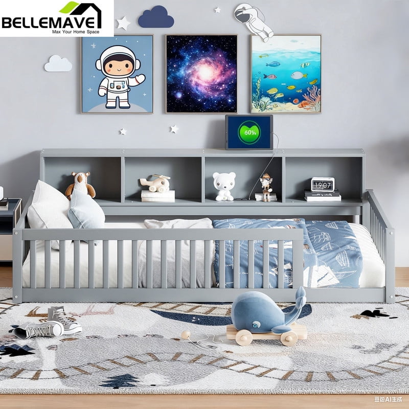 Bellemave Twin XL Size Floor Bed with Storage Cabinet Twin XL Wood Bed Frame with Headboard and Guardrails Twin XL Storage Bed Frame with Charging Station Low Floor Bed, Gray