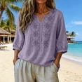 thumbnail image 5 of Wutalume Women's 3/4 Sleeve Linen Top - Casual V-Neck Button Down Shirt in Solid Color, 3/4 Sleeve Blouses for Women, Womens Summer Tops Breathable,Purple 3XL, 5 of 5