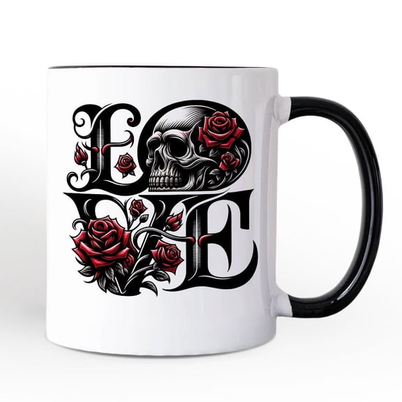 Gothic Love Skull Roses Personalized Mug, Dark Valentine Romance Gift with Custom Name