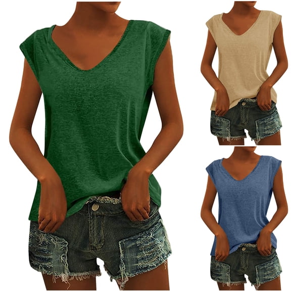 Aboser Womens Cotton Sleeveless T Shirts Classic V Neck Tank Tops Comfy Casual Basic Tees Loose Fits Workout Top Solid Color Summer Tshirts