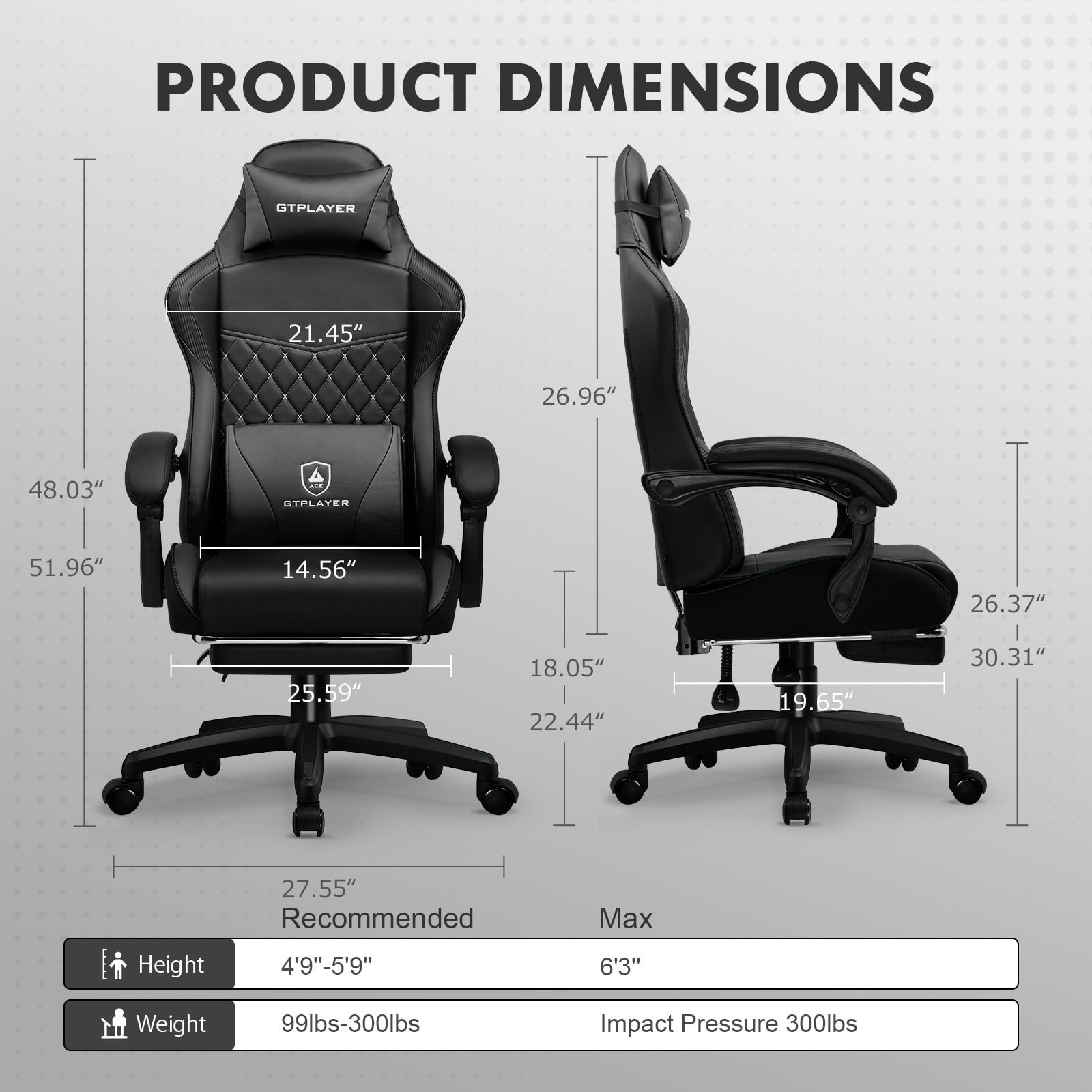 GTPLAYER High Back Faux Leather Adjustable Height Gaming Computer, Black