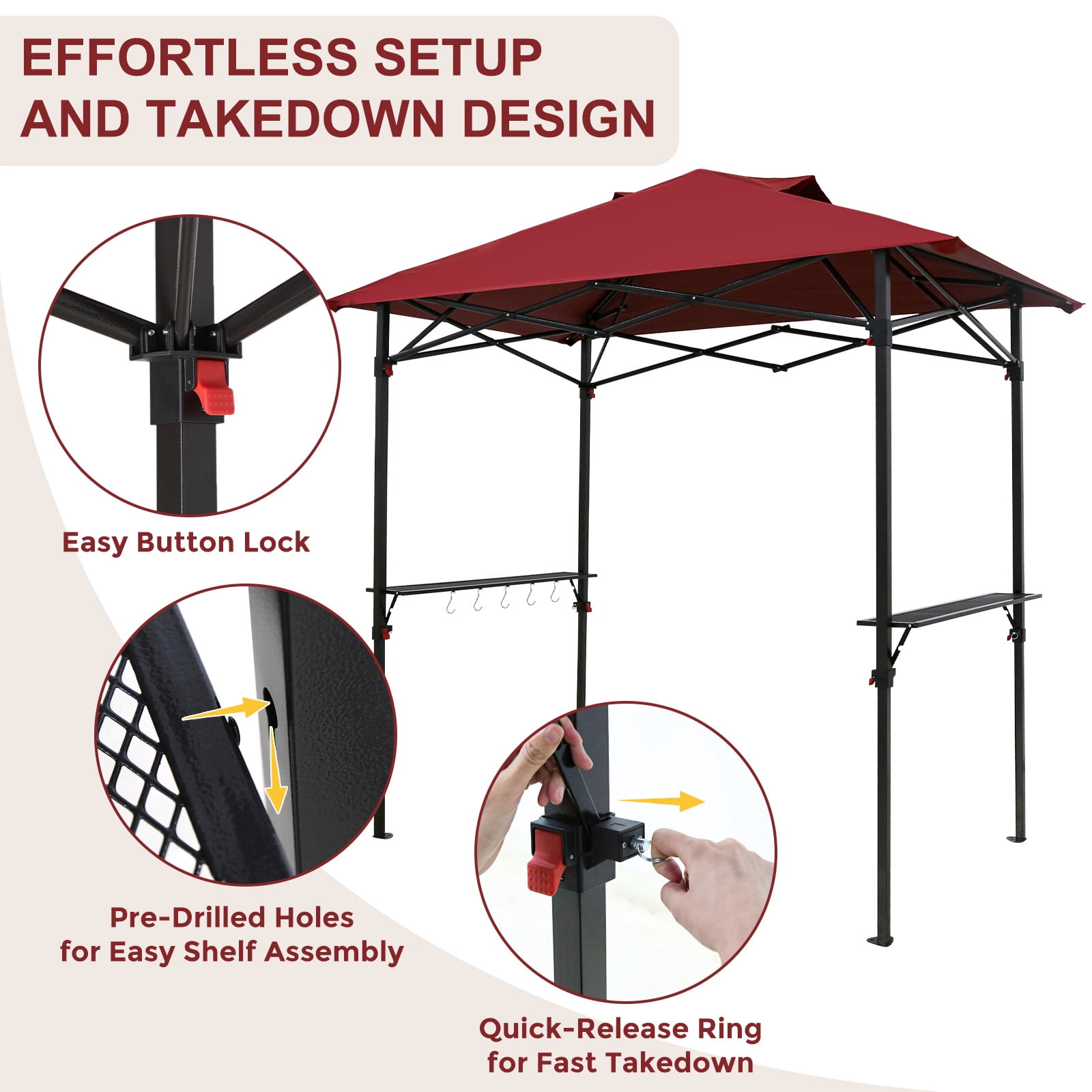 INTER HUT 8 x 5 Pop-up Grill Gazebo, Outdoor Portable BBQ Grill Patio Canopy, with Carrying Bag, Red