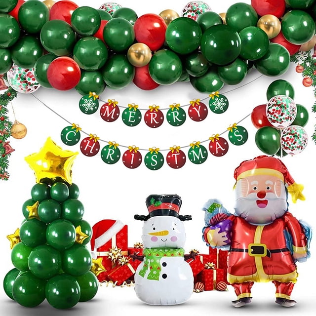 un lote de 88 globos navideños - kit de arca de globos navideños con arco superior de globos verdes y rojos, globos confeti y algunos dorados; guirnalda 'MERRY CHRISTMAS', árbol formado por pilas de globos verdes con estrella dorada, muñeco de nieve inflable blanco con bufanda y Papá Noel inflable con regalos; vista frontal, decoración para fiestas y fondos fotográficos navideños.