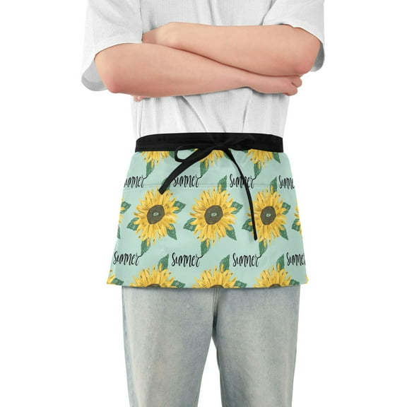 Summer Sunflower Server Apron with 3 Pockets Waterproof Waitress Waist Short Apron for Man Woman 12 Inches