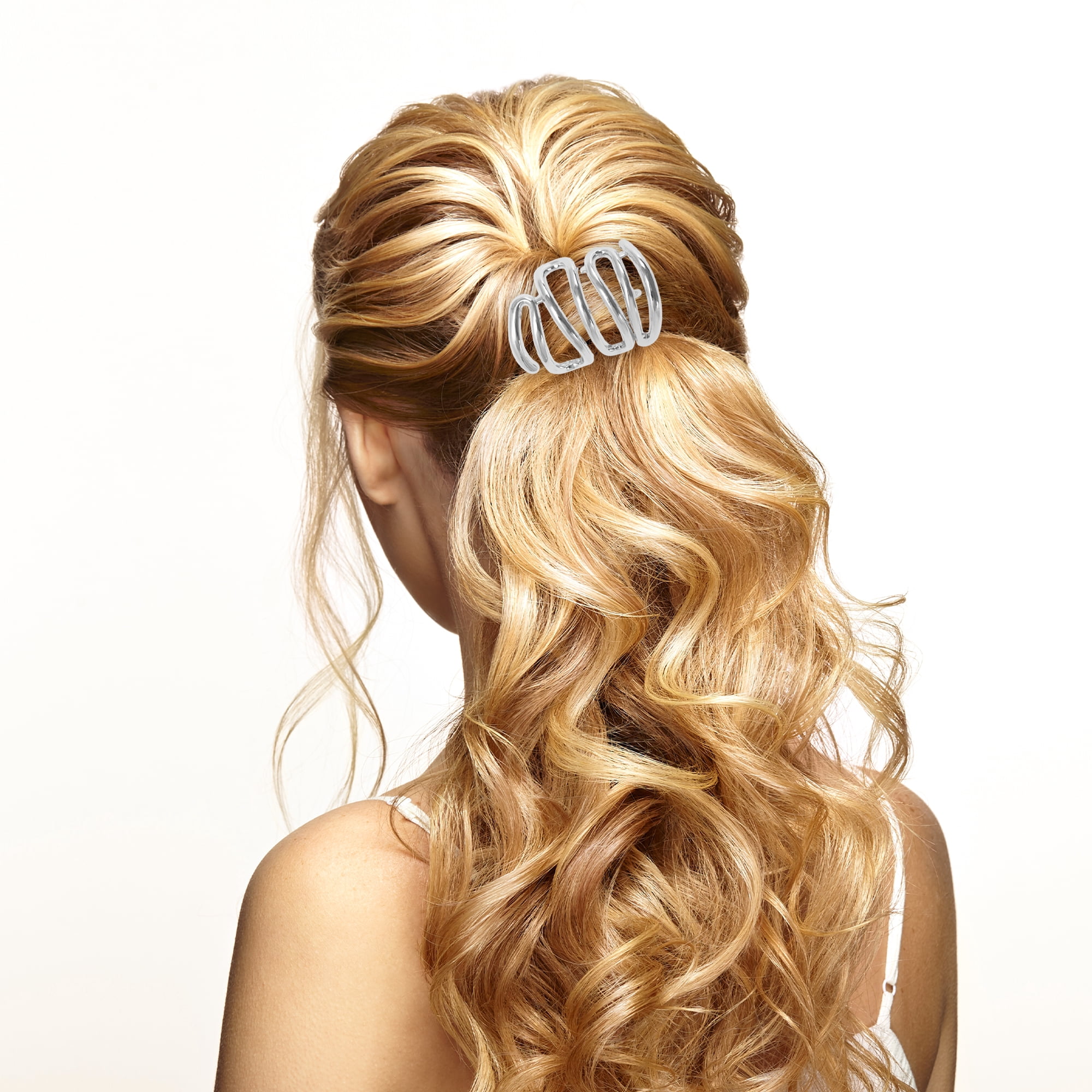 Unique Bargains Stylish Stacked Lines Ponytail Buckle Hair Clip for Women 1 Pc Silver Tone