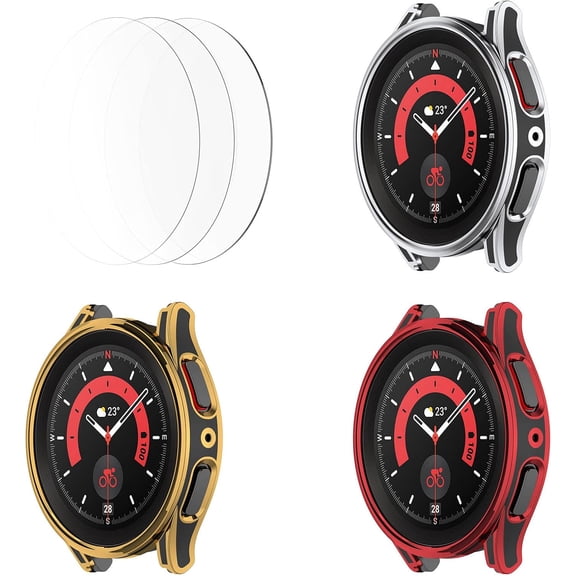 [3 Pack] Fit for Galaxy Watch 5 Pro 45mm Screen Protector with Tempered Glass Ikjdks Bumper Protective Case Face Cover Accessories Compatible with Samsung Galaxy Watch 5 Pro
