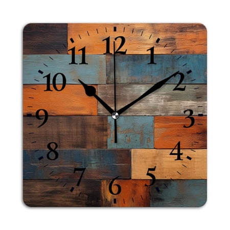 Square Wall Clock,Wooden Wall With Blue And Orange Color,Silent Non-Ticking Wall Clock Decor for Home Office Kitchen Living Room Bedroom(12inch)