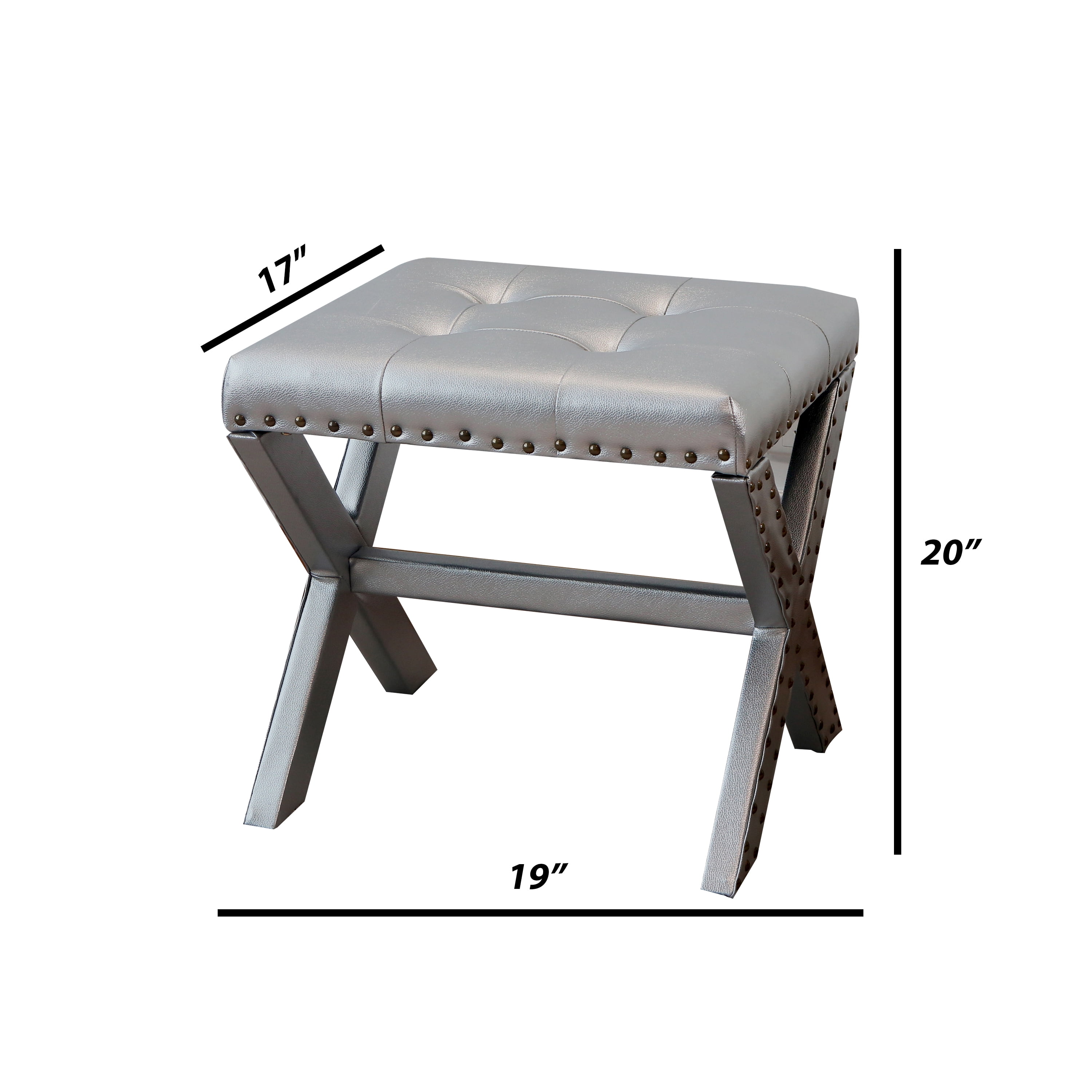 20" Chic Silver Polyester Vanity Stool with Nailhead Trim, Set of 2