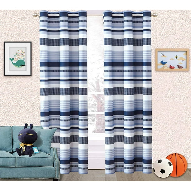 Sapphire Home Kids Boys Teens 2 Window Curtain Panels 84 Length Stripes Checked Blue White Navy Print Design For Girls Bedroom Dcor Com Sapphire Home Kids Boys Teens 2 Window, Striped Kids Curtains