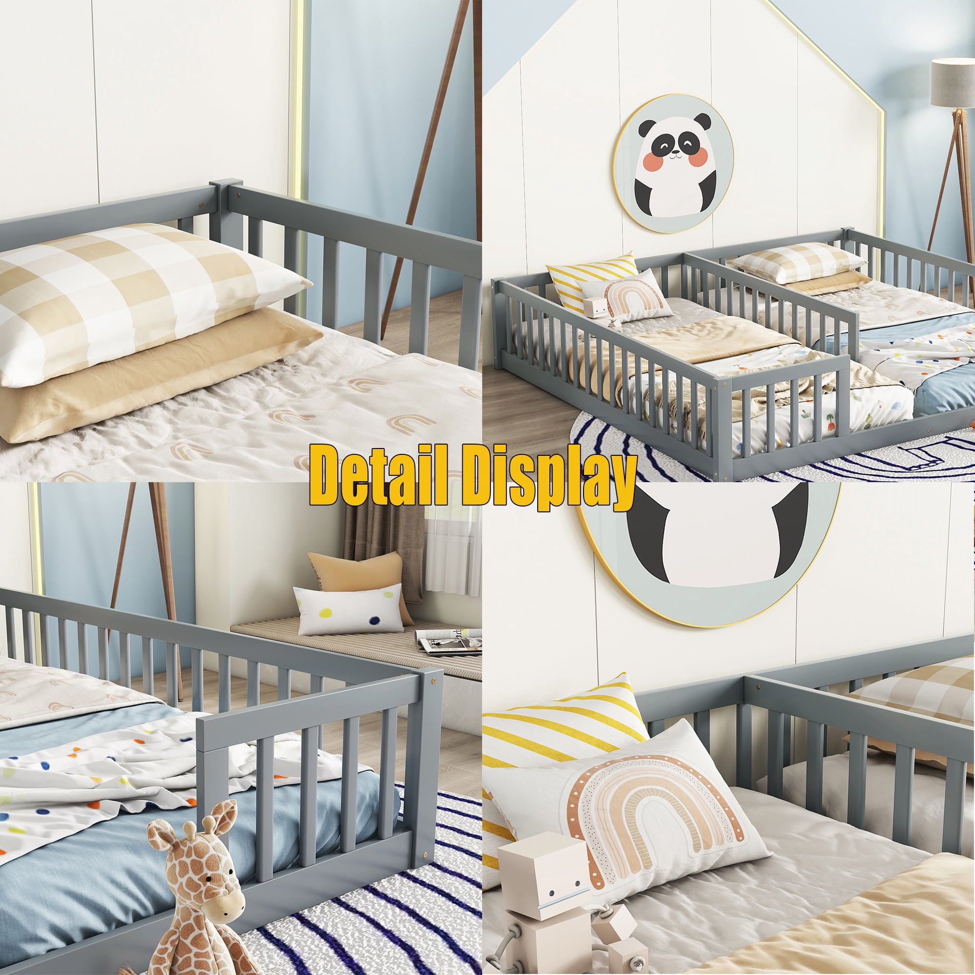 Bellemave Twin Floor Bed for 2, Wood Double Floor Bed with Fence, Two Montessori Bed Side by Side for Bedroom (Gray)