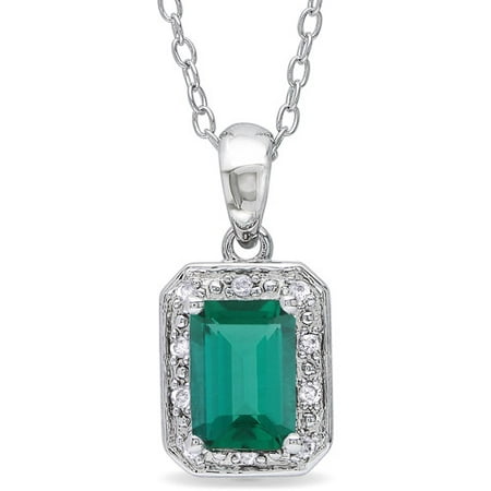 7/8 Carat T.G.W. Created Emerald and Diamond-Accent Sterling Silver Halo Pendant, 18