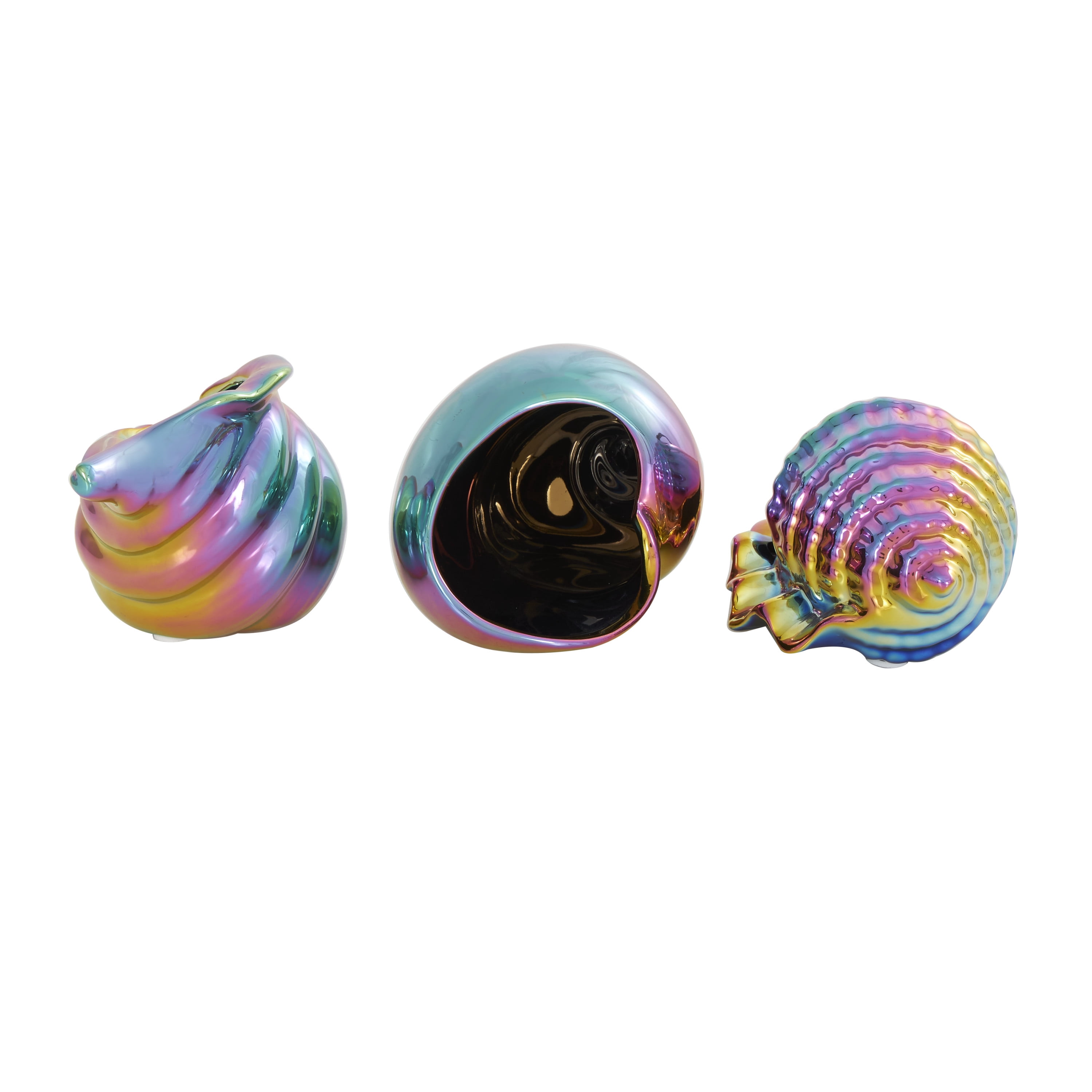 6", 6", 8"W Multi Colored Ceramic Shell Sculpture with Rainbow Shimmer Finish, by DecMode (3 Count)