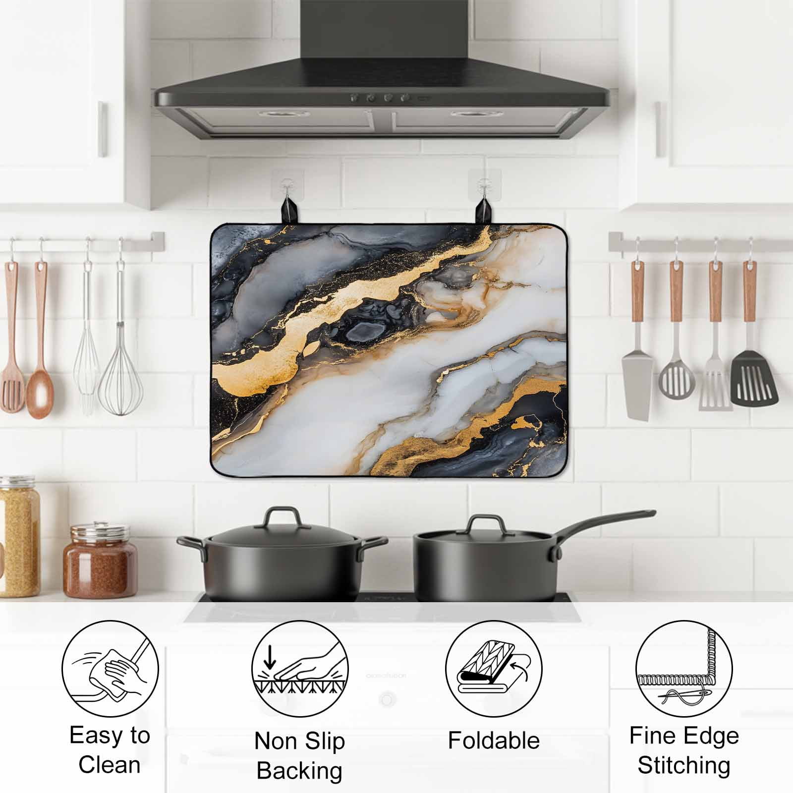 Black Golden Marble Stove Top Cover for Electric Stove, Heat-proof & Non Slip Glass Top Stove Cover Protector, Modern Ink Painted Abstract Kitchen Flat Cooktop Rubber Mat 24x21 Inches