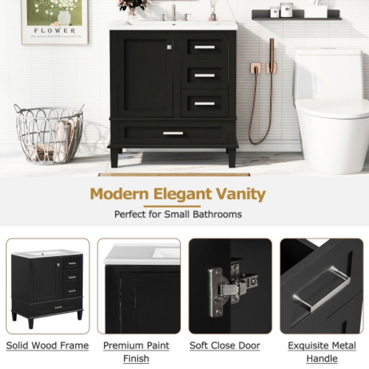 30" Bathroom Vanity with Ceramic Sink, Freestanding Bathroom Cabinet, Soft Close Door, 3 Drawers, Solid Wood Frame, Black