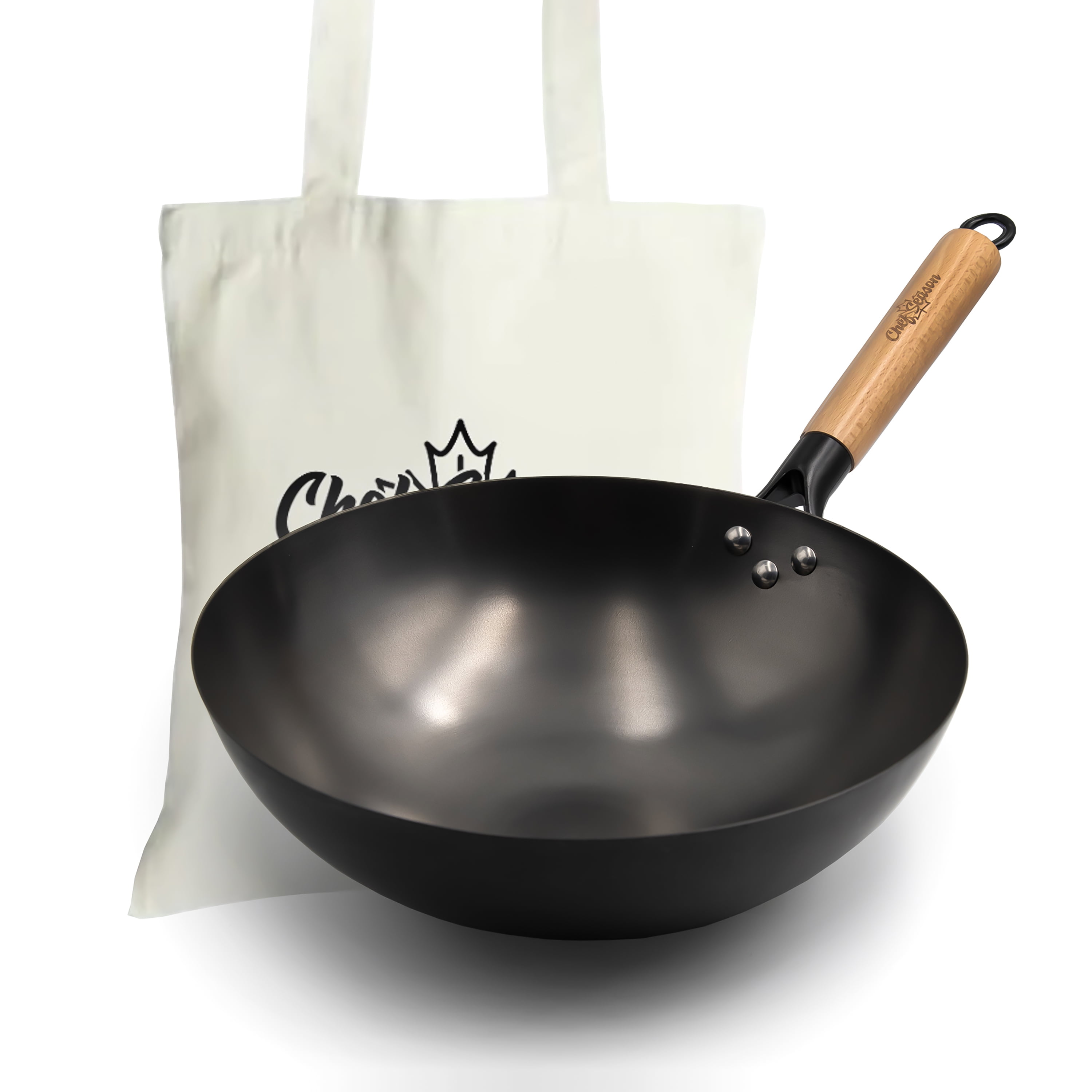 ChefSeason Round Bottom Carbon Steel Wok 12.6“, Large woks & stirfry