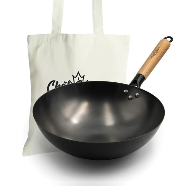 ChefSeason Round Bottom Carbon Steel Wok 12.6“, Large woks & stirfry