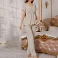 thumbnail image 2 of cfhntfmh Womens Ribbed Knit Lounge Set Short Sleeve Top and Long Pants Pajamas V Neck 2 Piece Lace Trim Sleepwear（Beige,X-Large), 2 of 6