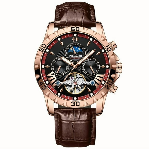 Stylish Men'S Automatic Mechanical Watch With Luminous Dial - Includes Date & Stopwatch Features, Leather Strap