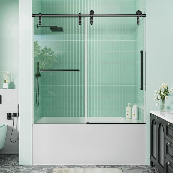Frameless Bathtub Sliding Shower Door 56-60 in W x 60 in. H, Barn-Style Exposed Roller, 5/16 in (8mm) Clear Tempered Safety Glass, Stainless Steel Hardware Matte Black