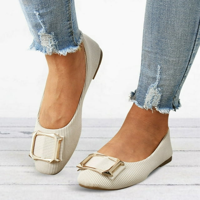 Chaussures Plates à Boucle Carrée pour Femmes, à Enfiler, Décolleté Peu Profond, Chaussures Simples, Chaussures Décontractées, Chaussures de Travail