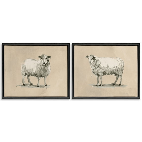 Stupell Industries Beige Sheep Portrait Animals Painting Black Floater Framed Canvas Art Print Wall Art, 21 x 17, Set of 2
