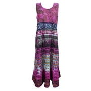 Mogul Women's Pink Dress Cotton Printed Tie Back Sleeveless Hippie Chic Dresses