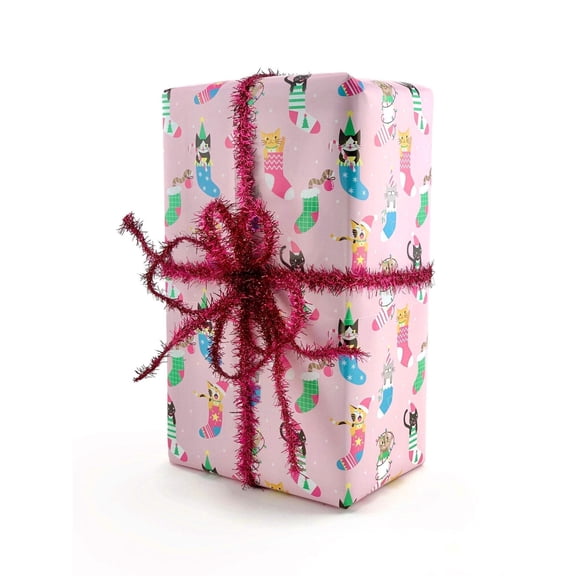 Pink Christmas Kitty Wrapping Paper, 3 Sheets, 30x20in, Holiday Gift Wrap, Kitties in Stockings
