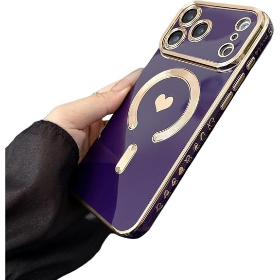 Electroplated Love Heart Frame Print Magnetic Phone Case for iPhone, Compatible with (iPhone 16 Pro Max,Purple)