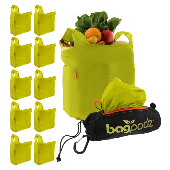BagPodz Sturdy Reusable Grocery Bags Made From RipStop Nylon Hold 50lbs - Reusable Shopping Bags Inside a Compact Pod with Carry Clip - Washable Grocery Shopping Bags - 10 Pack in Green
