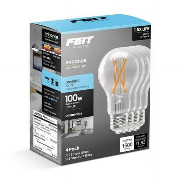 Feit Electric 3018650 100W A19 E26 Medium Daylight Equivalence Filament LED Bulb, Pack of 4