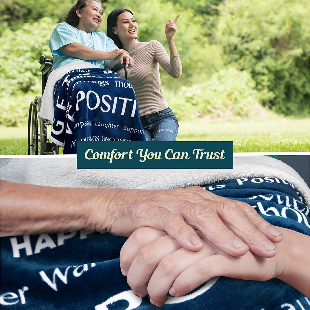 PAVILIA Healing Blanket, Get Well Soon Gift Blanket for Women, Men | Warm Hugs Inspirational Gift, Soft Sherpa Fleece Throw with Positive Energy, Comfort, Love for Recovery (50x60, Navy Blue