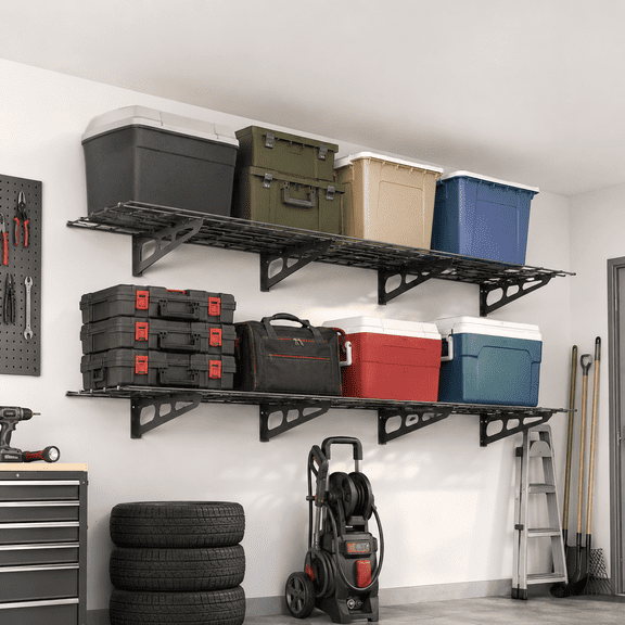 Black Wire Mesh Metal Wall Storage Shelves, 2 Pack 48x24 Inch Heavy Duty Wire Garage Wall Shelving, Practical Floating Wire Rack for Garden & Hand Tool Storage