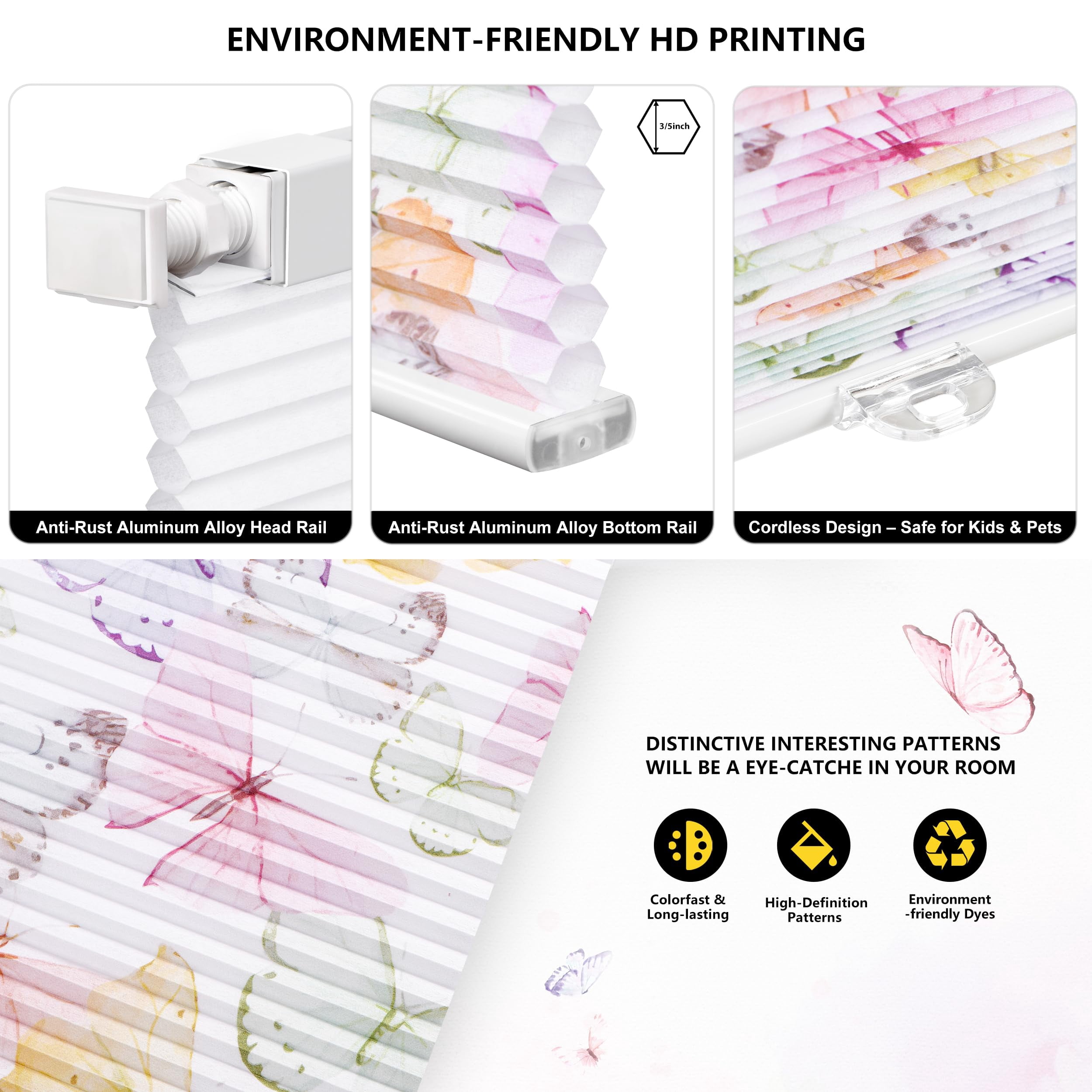 UNISHADES No Tools No Drill Cellular Shades Cordless Butterfly Patterned Light Filtering Honeycomb Blinds Suitable for Window Size 20" W × 64" H Fluttering Colourful Butterflies
