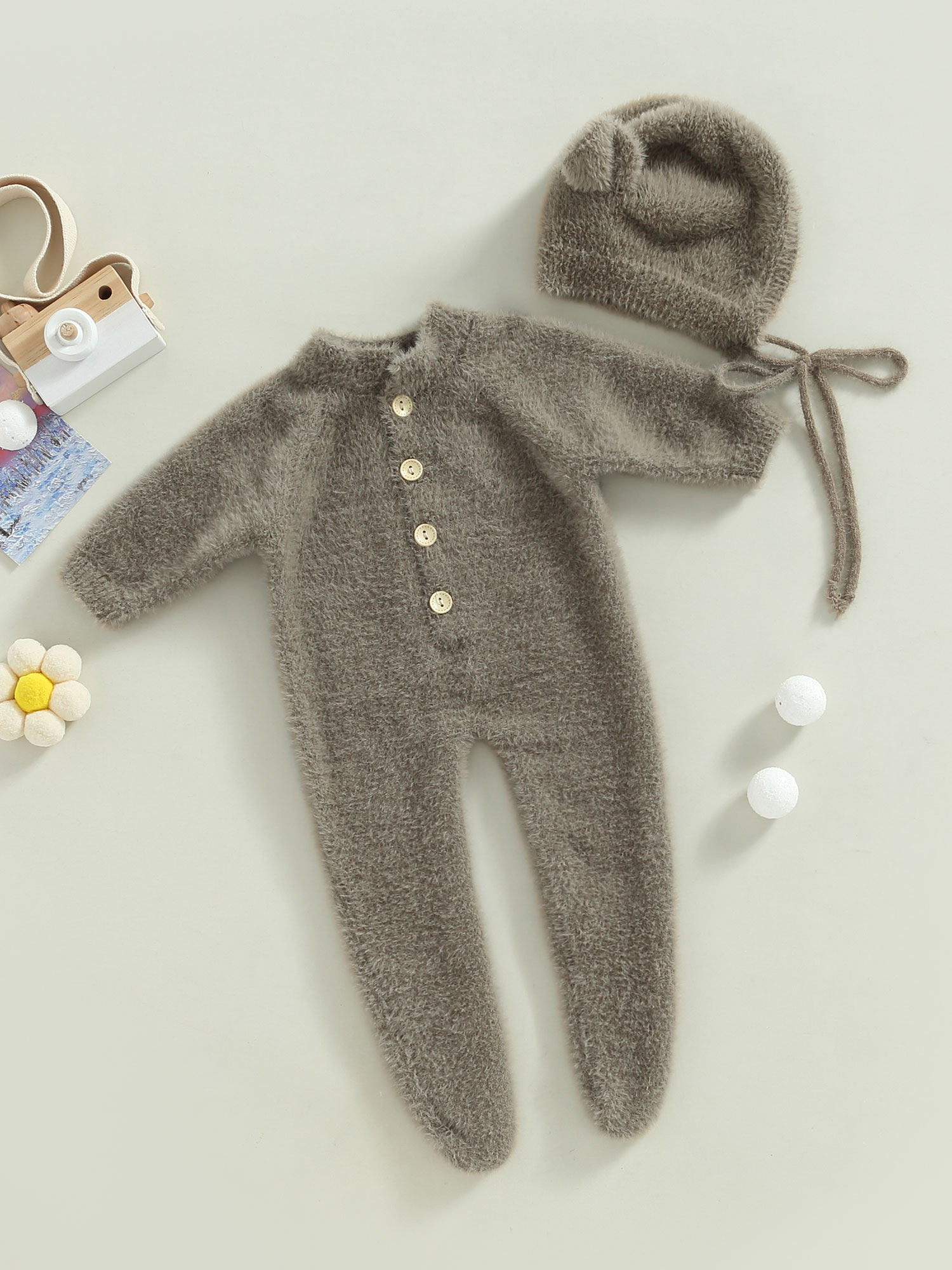 Arvbitana Infant Baby Girl Boy Plush Jumpsuit Long Sleeve Round Neck Button Closure Solid Color Playsuit  + Hat Winter Warm One Pieces Clothes for Infant 2Pcs 0-24M