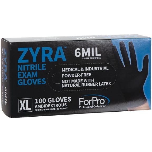 ForPro ZYRA Nitrile Exam Gloves, Medical & Industrial Grade, Powder-Free, Latex-Free, Non-Sterile, Food Safe, 6 Mil, Black, X-Large, 100-Count