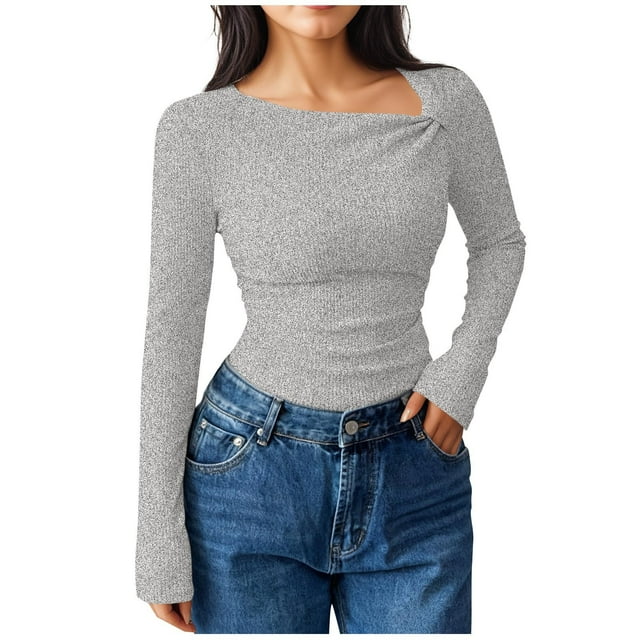 Women's Solid Color Rectangular Collar Slim Casual Long-Sleeved Top