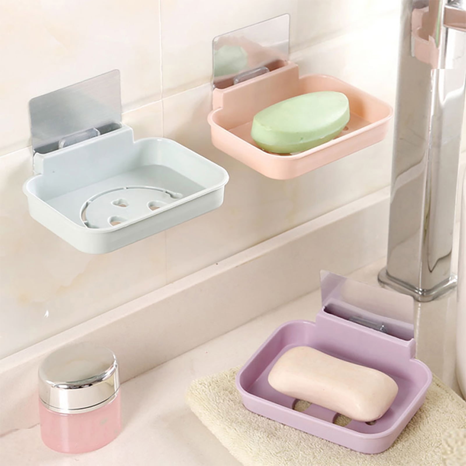 Bathroom Wall-Mount Soap Dish Holder Brushed Nickel Glass Bath Sink Space Saver 