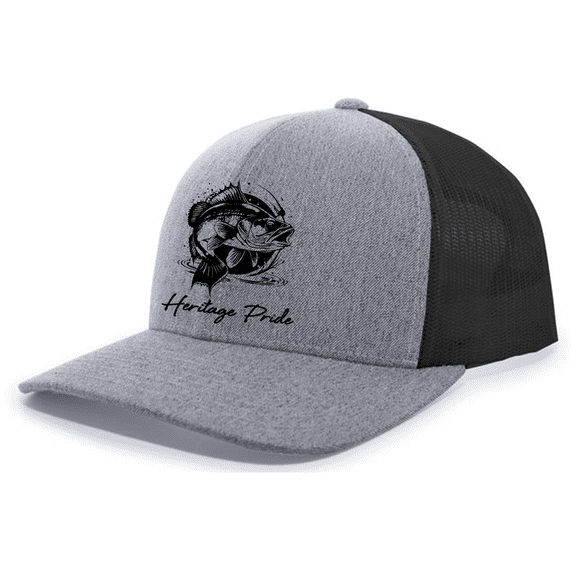 Heritage Pride Mens Splashing Bass Fish Embroidered Mesh Back Trucker Hat-Heather Grey/Black