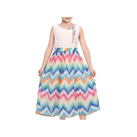 Sunny Fashion Girls Dress Sleeveless Rainbow Wave Print Striped Tea Length Summer Beach Casual Dresses 7 Years