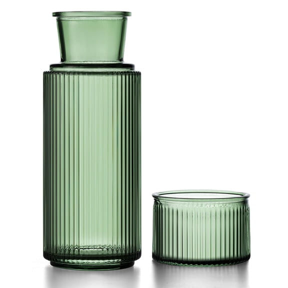 Green Vertical-Striped Glass Drinkware Set for Bedside, Bathroom and Home Use