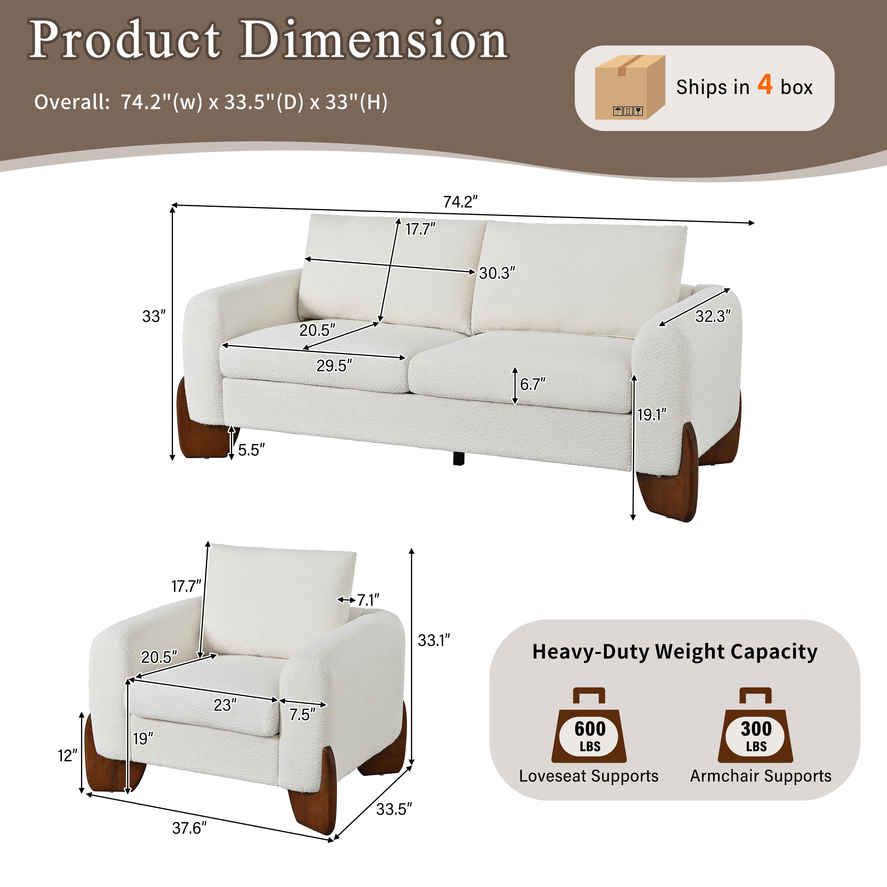 Mintazer Modern 3-Piece Sofa Set, 74.2" Loveseat + 2 Accent Chairs, Modular Upholstered Sofa for Living Room & Family Room, Beige (Table Not Included)