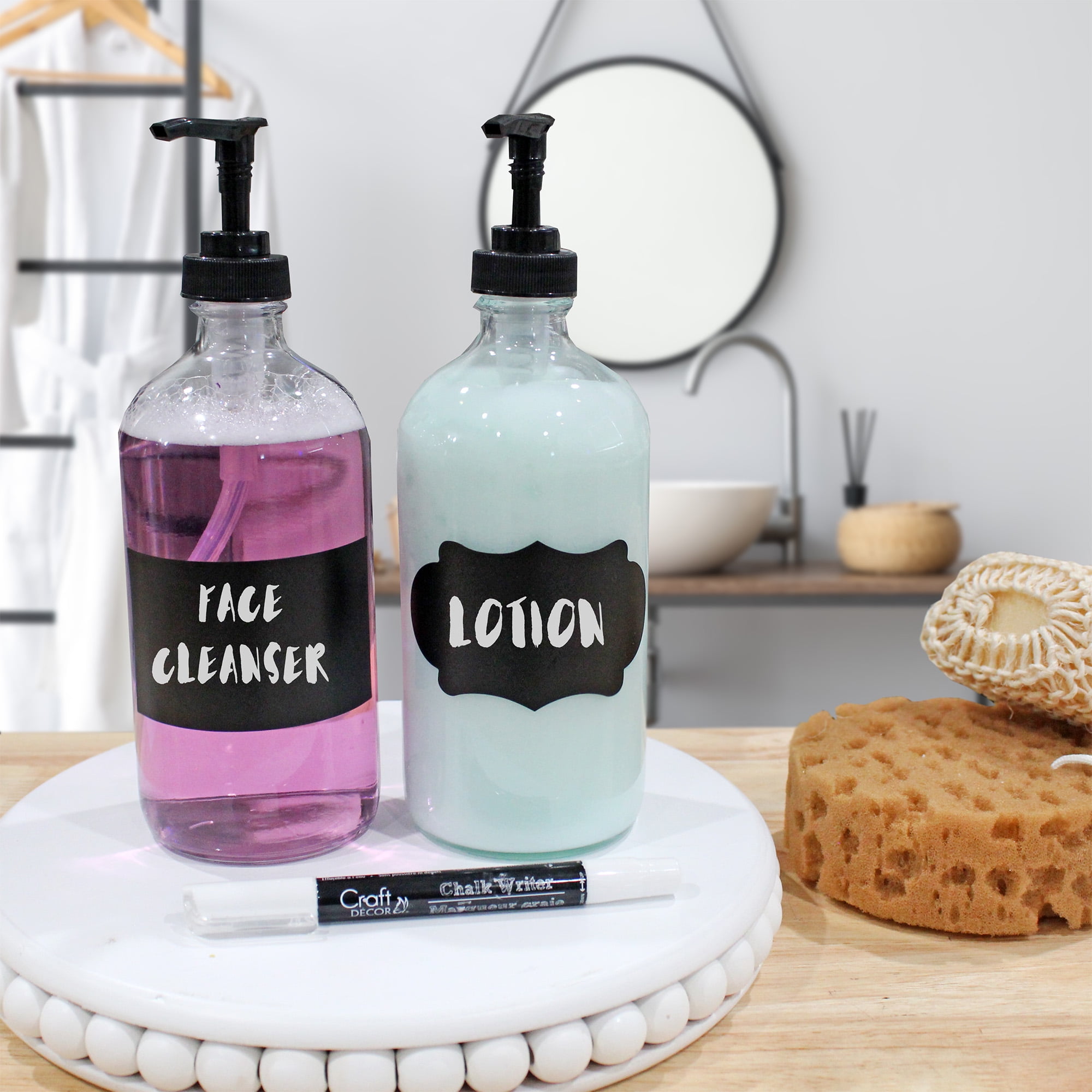 Cornucopia Brands 16-Oz Clear Glass Pump Bottles (2-Pack); Refillable Soap Dispenser Black Lotion Pump Transparent Boston Round Bottles + Chalk Labels & Lids