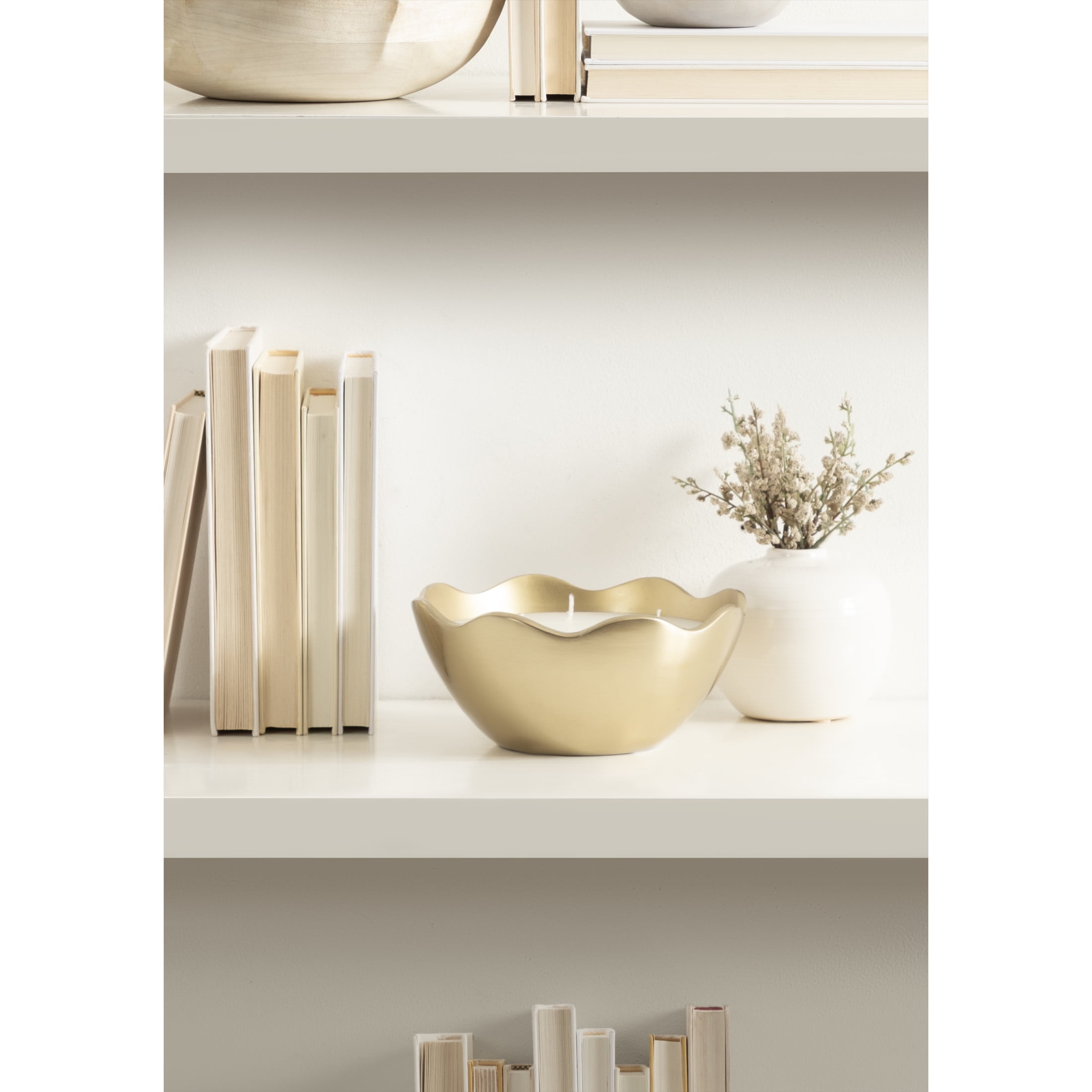 Kate and Laurel Alessia Scalloped Round Metal Candle Bowl, 8 Inch Diameter, Gold, Modern Three-Wick Unscented Candle with Decorative Bowl for Living Room Decor