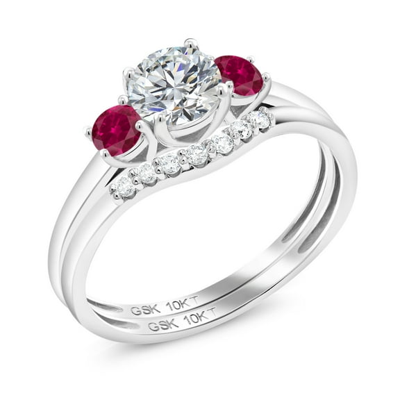 Gem Stone King 10K White Gold Lab Grown Diamond and Red Created Ruby Bridal-Sets Ring for Women | 0.84 Cttw | Round 5MM | Wedding Engagement Anniversary Promise Ring for Women | Size 6